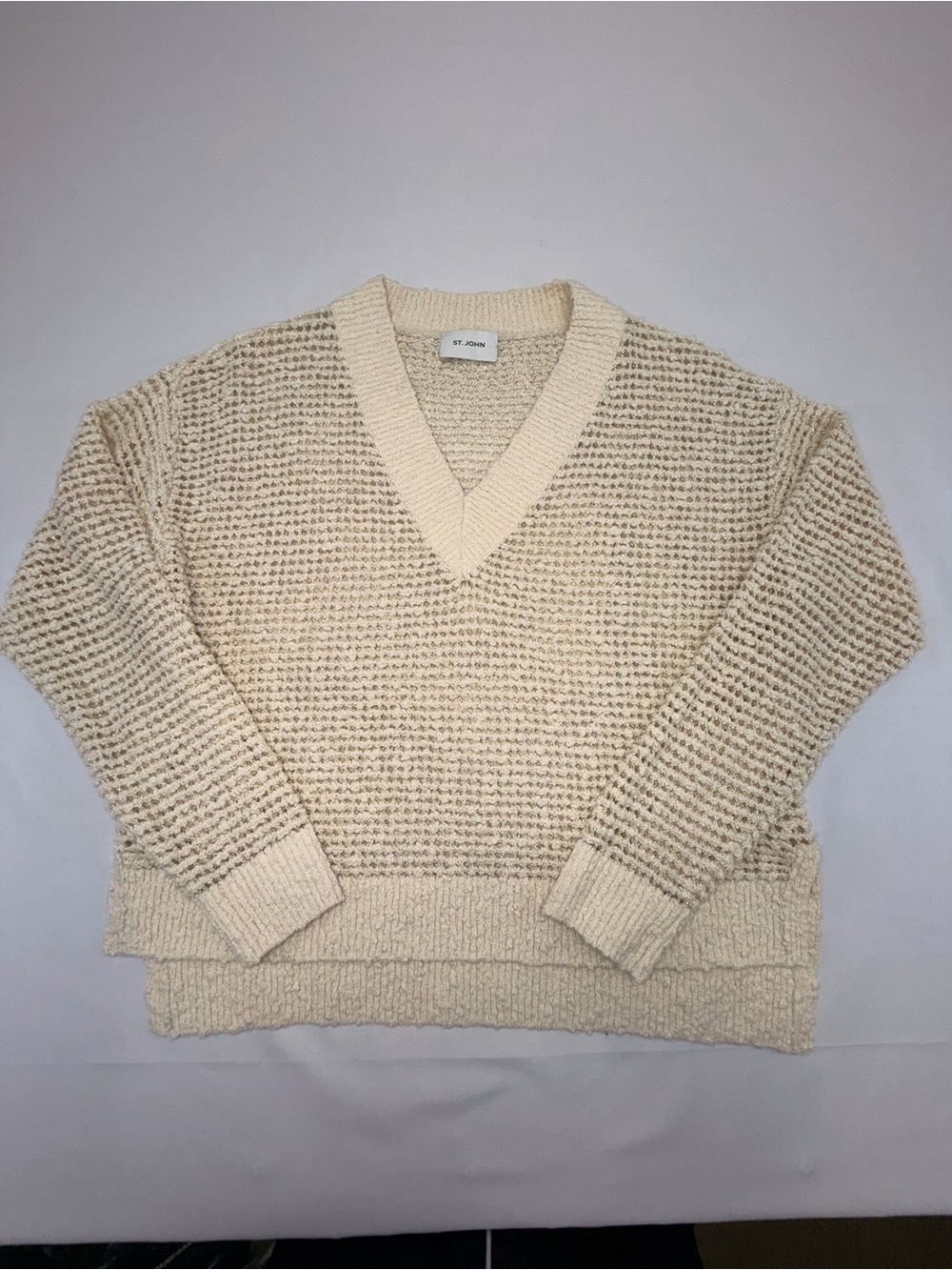 St John Sweater S/M Cream Metallic Open Knit V Neck Cotton Linen Oversized